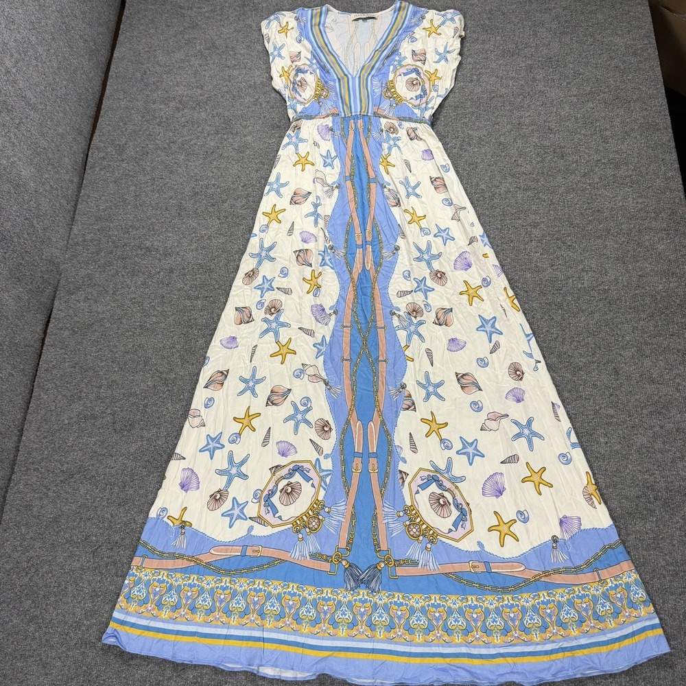 Hale Bob Maxi Dress XS Seashell Print Keiko Viscose Stretch Read